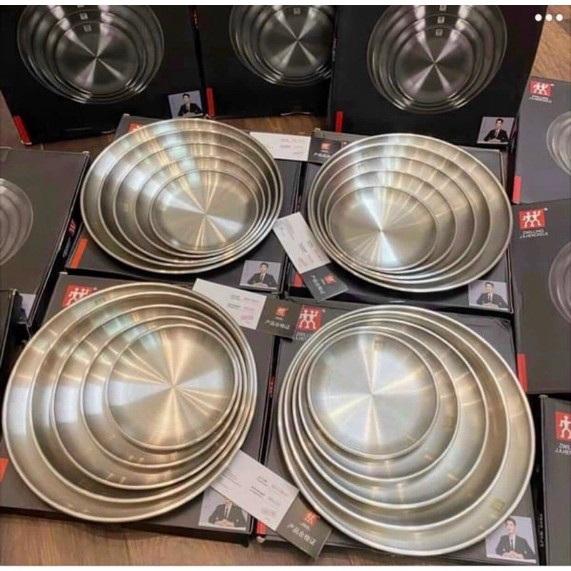 Set 5 đĩa khay inox tròn nhập khẩu Đức đựng trái cây, món tráng miệng