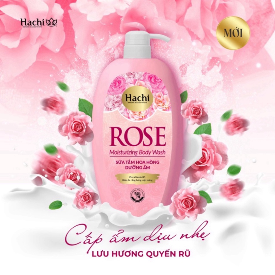 Sữa tắm hoa hồng dưỡng ẩm ROSE moisturizing body wach HAchi Vitamin B5 giúp da căng bóng mịn màng lưu hương thơm 650g