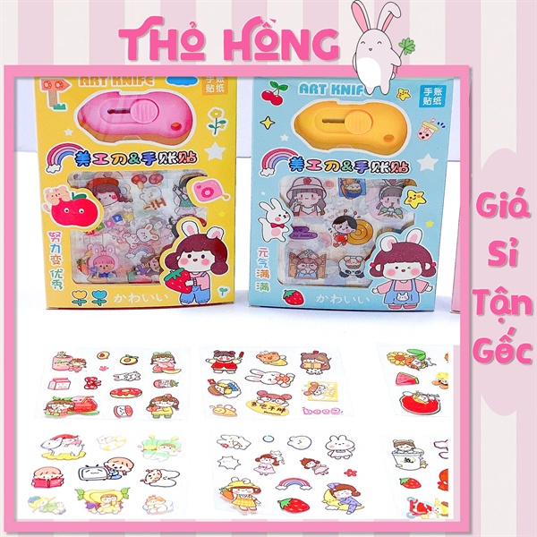 Hộp 8 Bìa Sticker Dán Cao Cấp Cô Gái Kèm Dao Bấm
