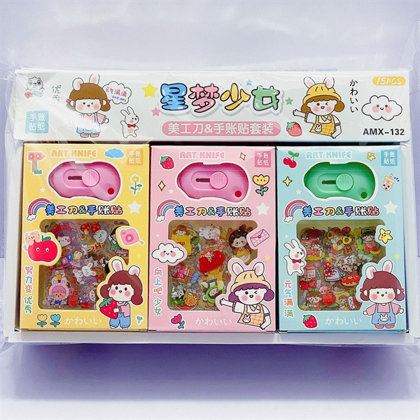 Hộp 8 Bìa Sticker Dán Cao Cấp Cô Gái Kèm Dao Bấm