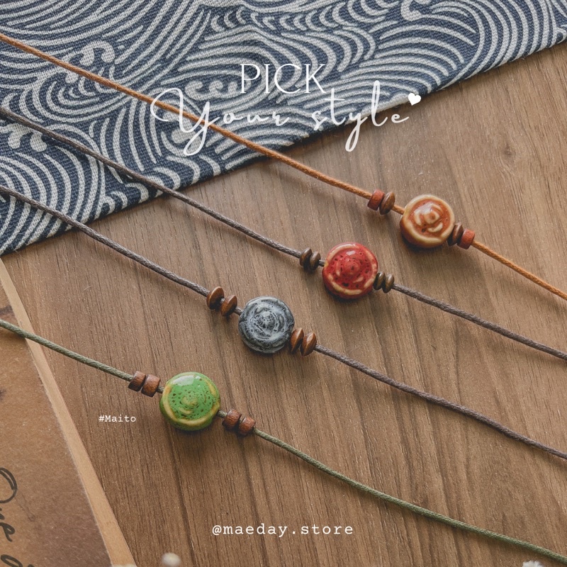 Vòng cổ Maito - dây chuyền hạt gỗ mix viên sứ tròn vintage