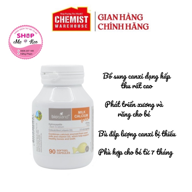 Canxi sữa hình cá (90v) phát triển xương và răng cho bé từ 7 tháng tuổi Bio Island Milk Calcium for kids, Úc