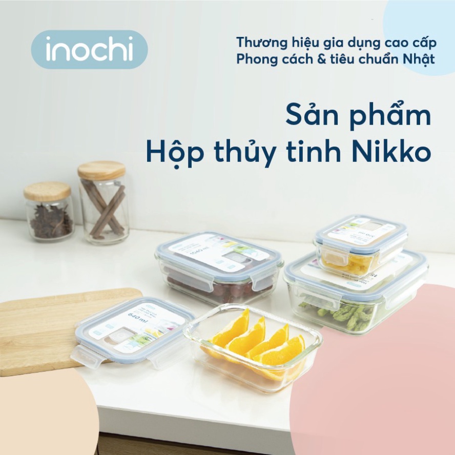 Hộp thuỷ tinh vuông Nikko Inochi 320/520/800 ml KO CHIA NGĂN, có nút thoát hơi nước chịu nhiệt 400 độ C, chống rỉ nước