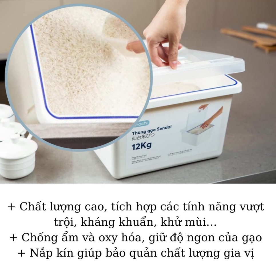 Thùng đựng gạo Sendai Inochi 12 KG CAO CẤP Nắp Nhựa Kháng Khuẩn Chống Ẩm cao cấp, an toàn