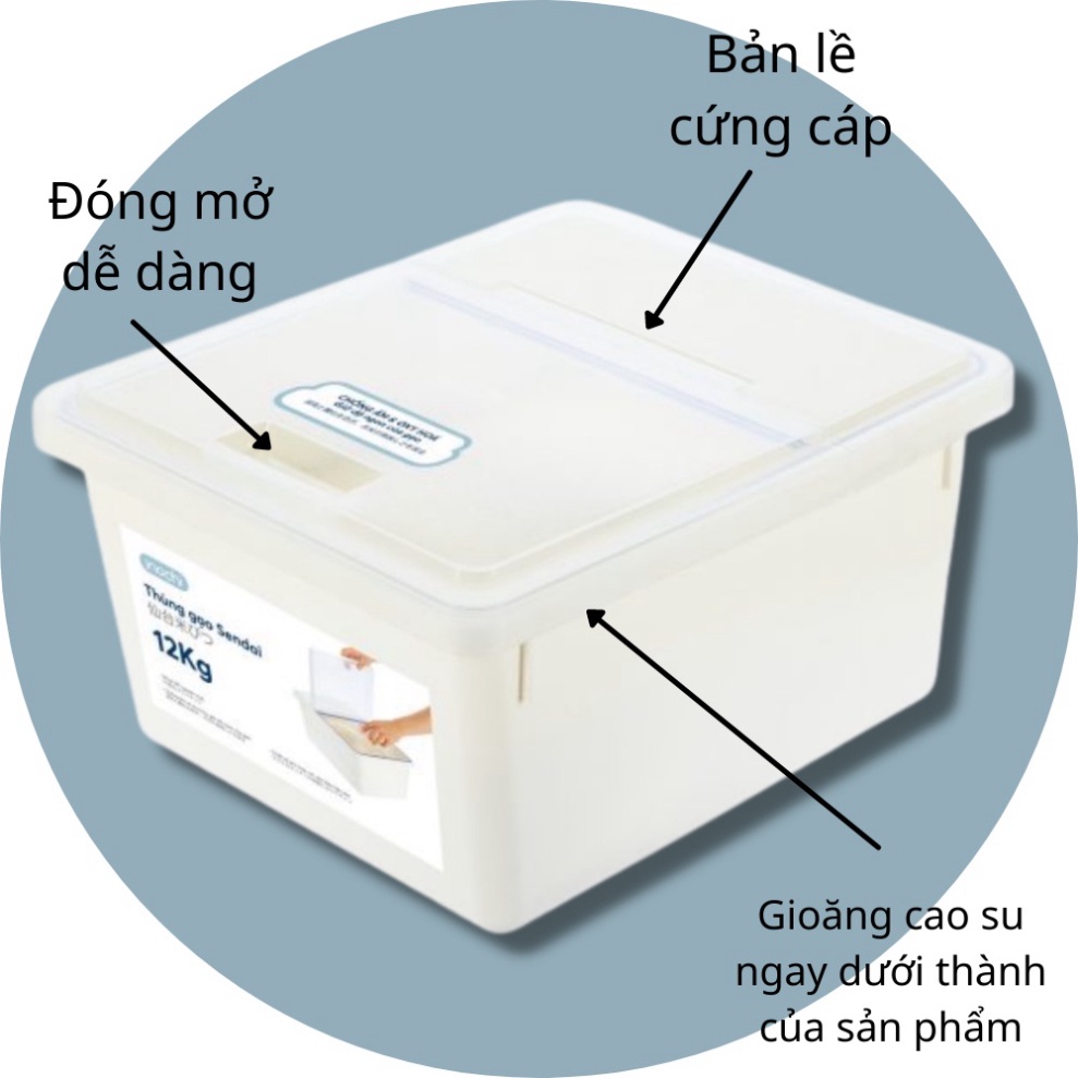 Thùng đựng gạo Sendai Inochi 12 KG CAO CẤP Nắp Nhựa Kháng Khuẩn Chống Ẩm cao cấp, an toàn