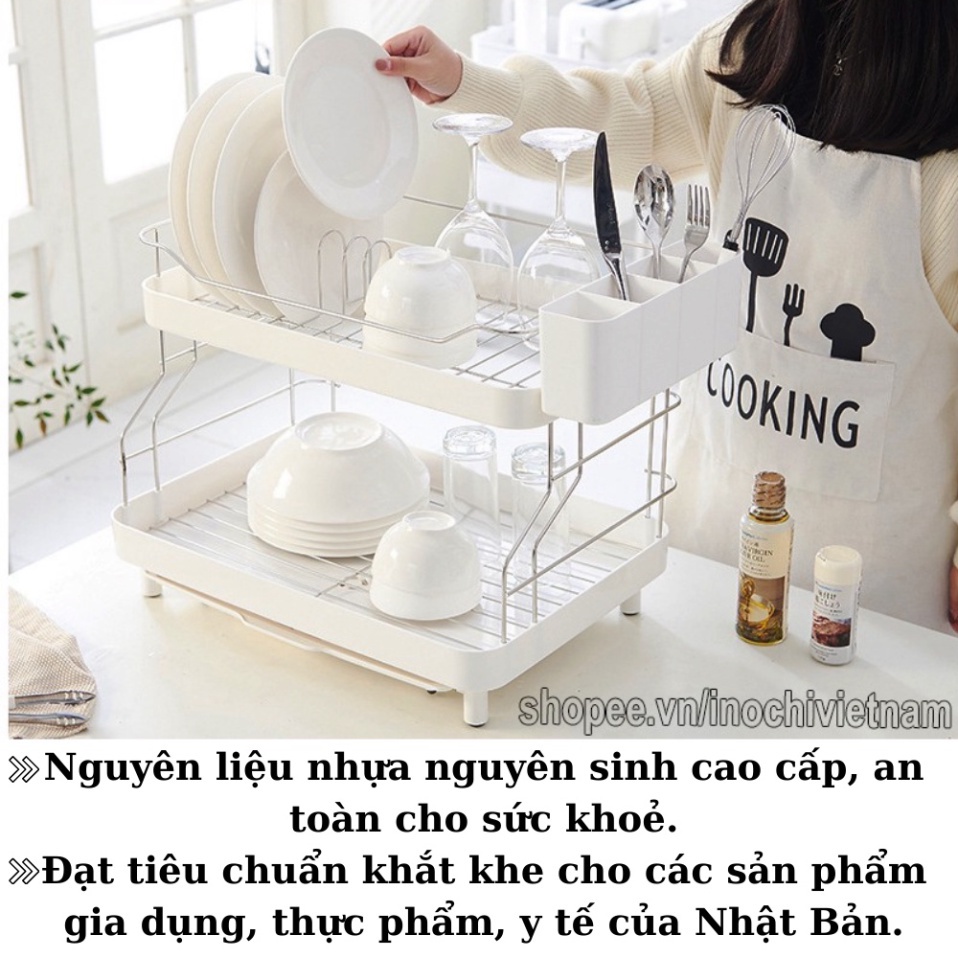 KỆ CHÉN BÁT 2 TẦNG nhựa Inox  Tokyo Inochi - Có khay thoát nước thông minh, tiện dụng
