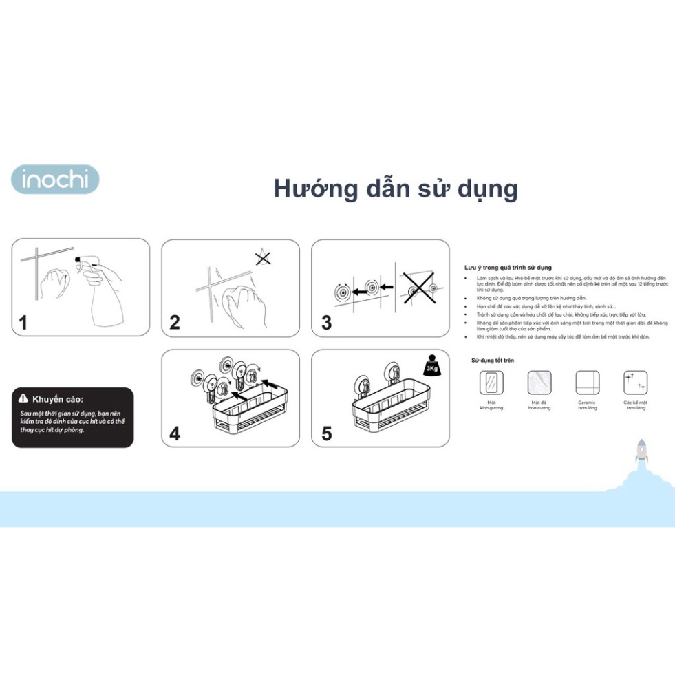 Kệ gắn góc tường Nachi CHỮ NHẬT treo ngang Inochi, không cần khoan tiện dụng cho nhà tắm
