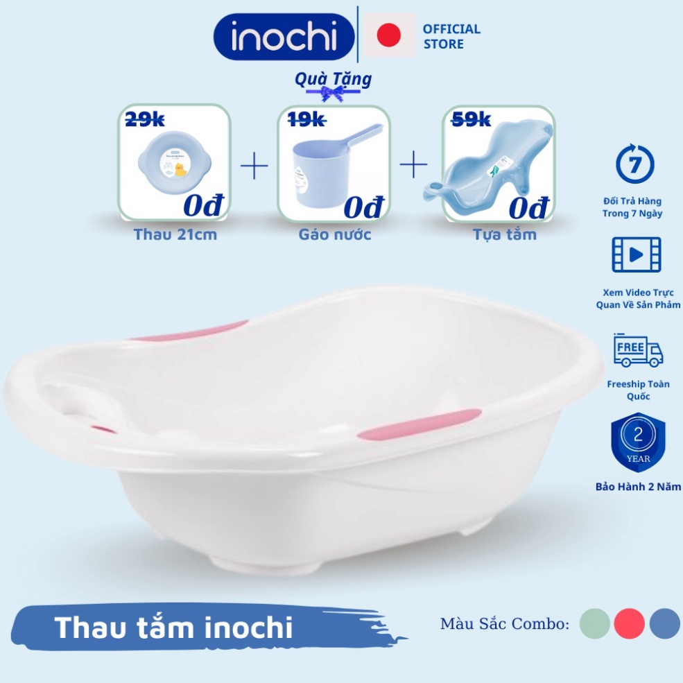COMBO Chậu tắm cho bé sơ sinh Notoro Inochi 120L lớn tặng kèm tựa tắm, thau rửa mặt 21cm, gáo nước