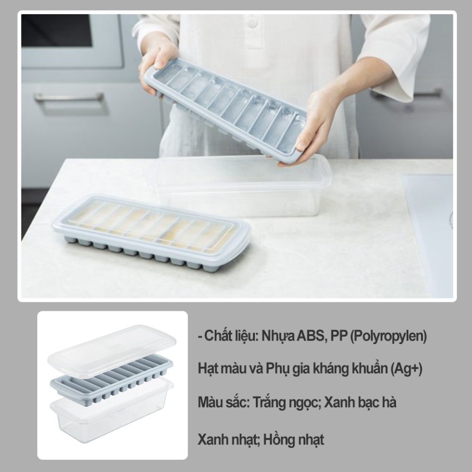 Khay đá Kari Inochi vỉ 10 thanh có nắp đậy, nhựa nguyên sinh chất lượng Nhật Bản cao cấp, không mùi, an toàn sức khỏe