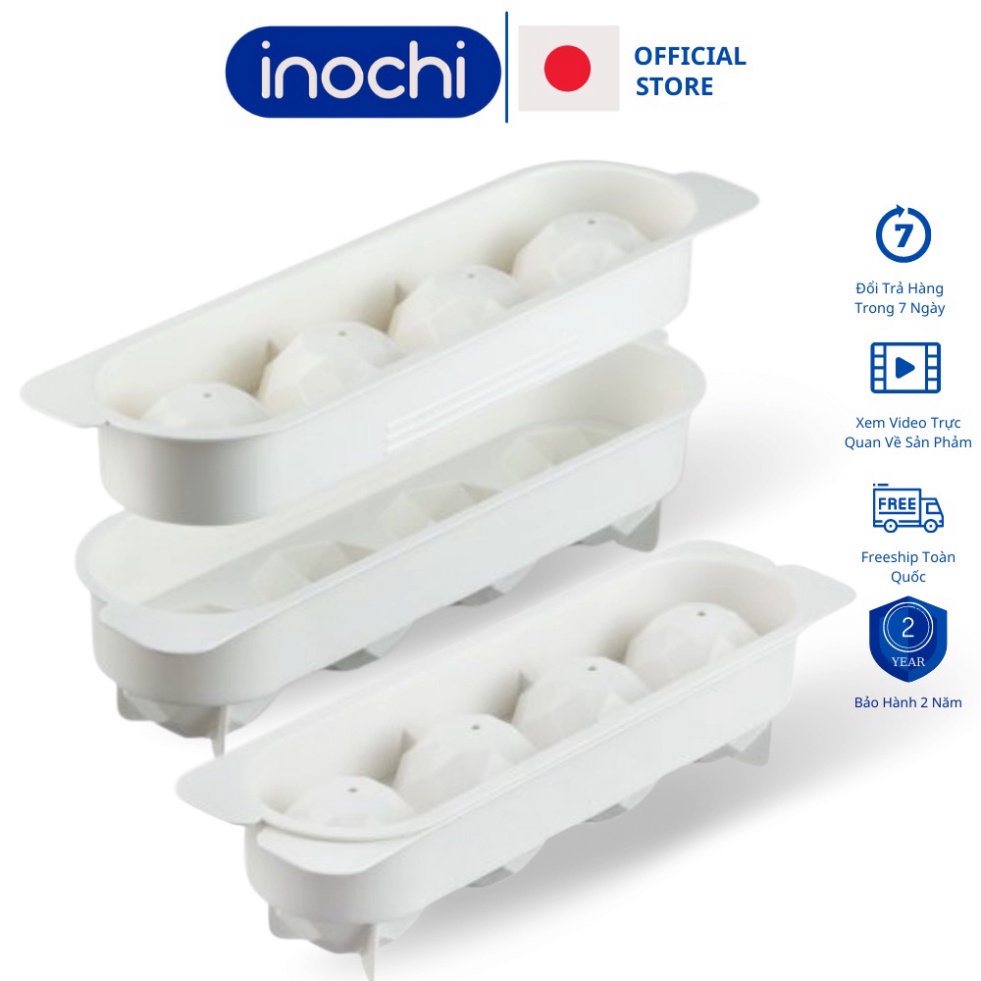 Khay đá tròn vỉ 4 viên làm đá tủ lạnh Kari Inochi có nắp đậy kèm hộp đựng thông minh, khuôn tròn
