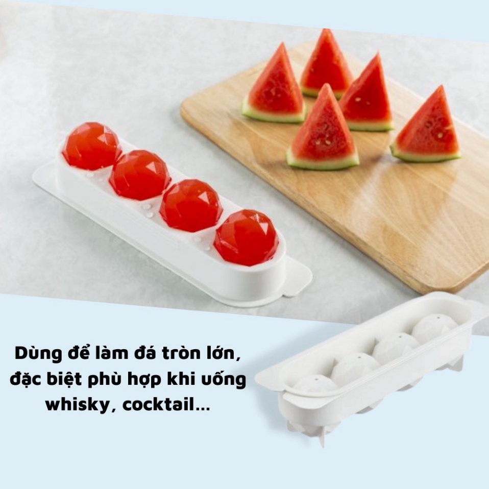 Khay đá tròn vỉ 4 viên làm đá tủ lạnh Kari Inochi có nắp đậy kèm hộp đựng thông minh, khuôn tròn