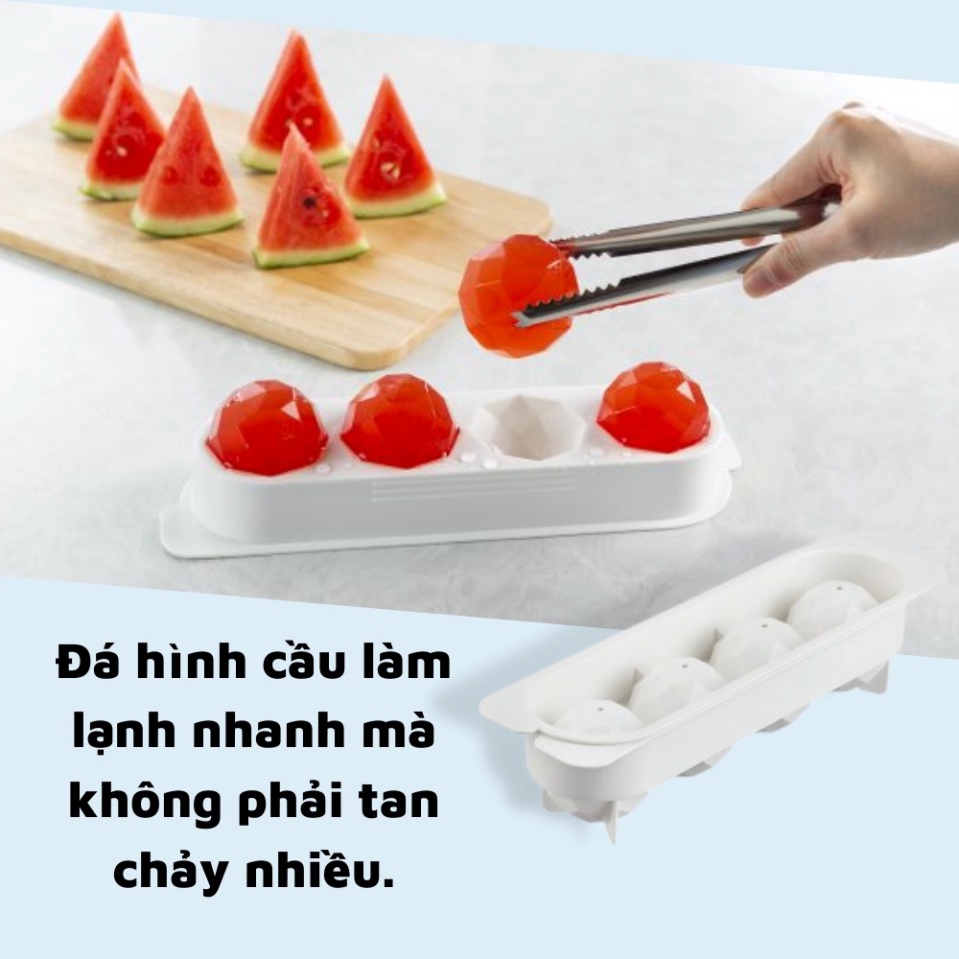 Khay đá tròn vỉ 4 viên làm đá tủ lạnh Kari Inochi có nắp đậy kèm hộp đựng thông minh, khuôn tròn