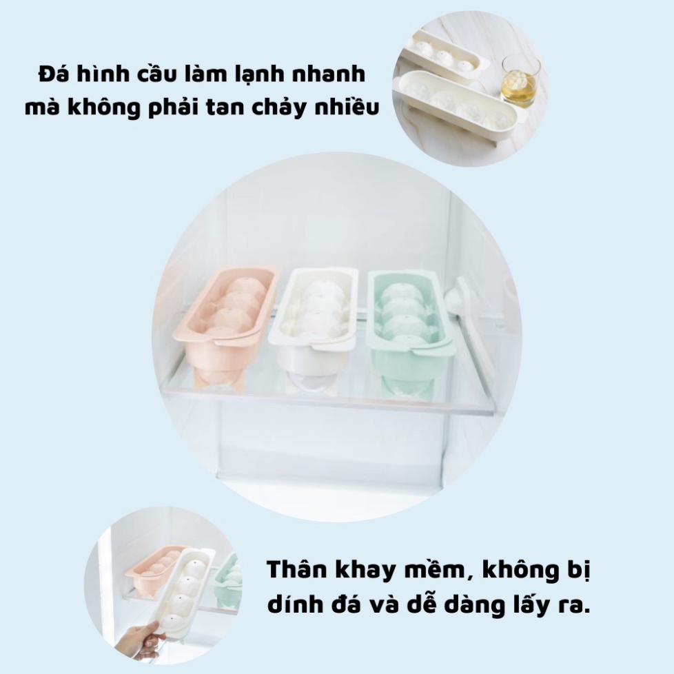 Khay đá tròn vỉ 4 viên làm đá tủ lạnh Kari Inochi có nắp đậy kèm hộp đựng thông minh, khuôn tròn
