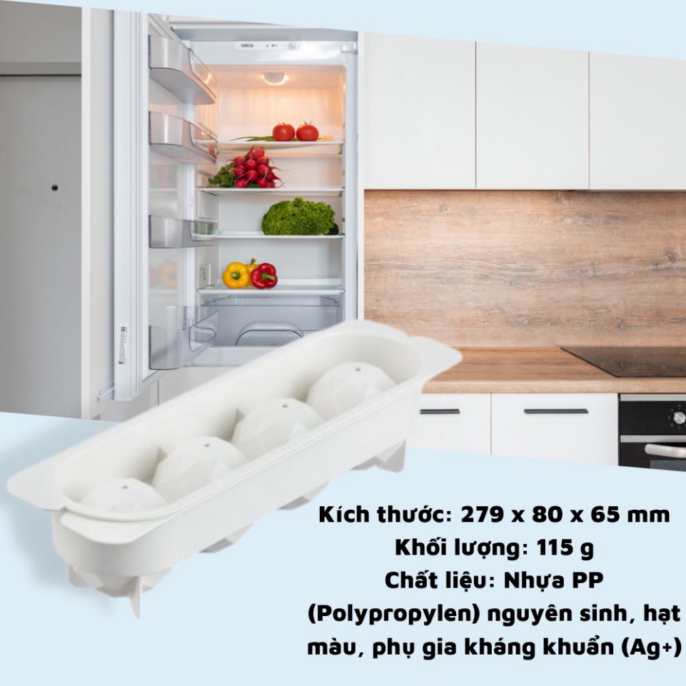 Khay đá tròn vỉ 4 viên làm đá tủ lạnh Kari Inochi có nắp đậy kèm hộp đựng thông minh, khuôn tròn