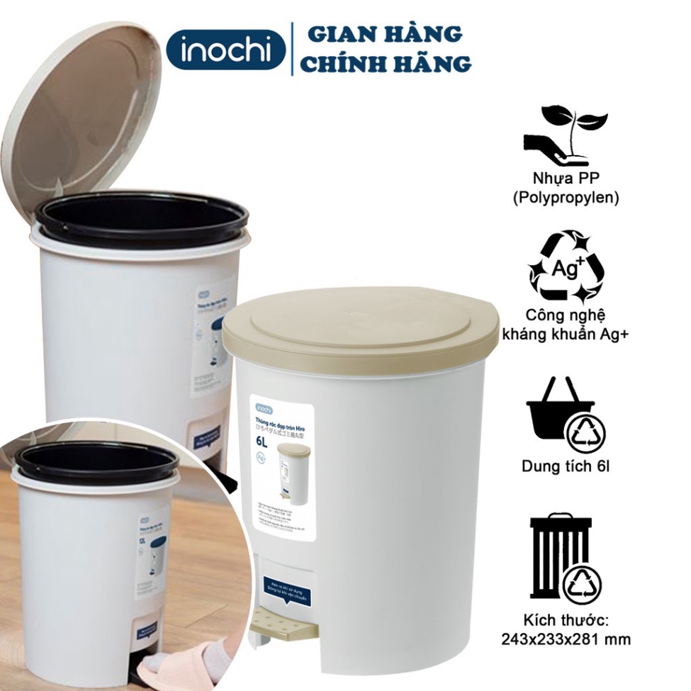 Thùng rác nhựa nắp tròn đạp chân Inochi có lõi Nắp thông minh, tiện dụng 6L/12L