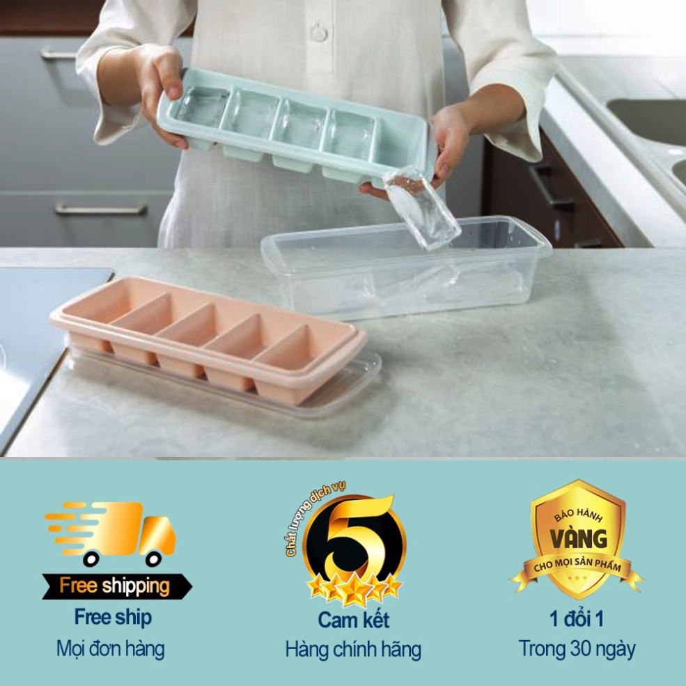 Khay đá 5 viên Kari Inochi có nắp đậy kèm hộp/ko hộp làm đá, làm thạch kháng khuẩn dành cho tủ lạnh