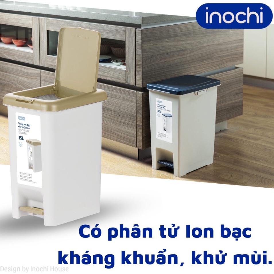 Thùng rác đạp chân chữ nhật Inochi 15L có lõi, có nắp đậy - Kháng khuẩn, an toàn
