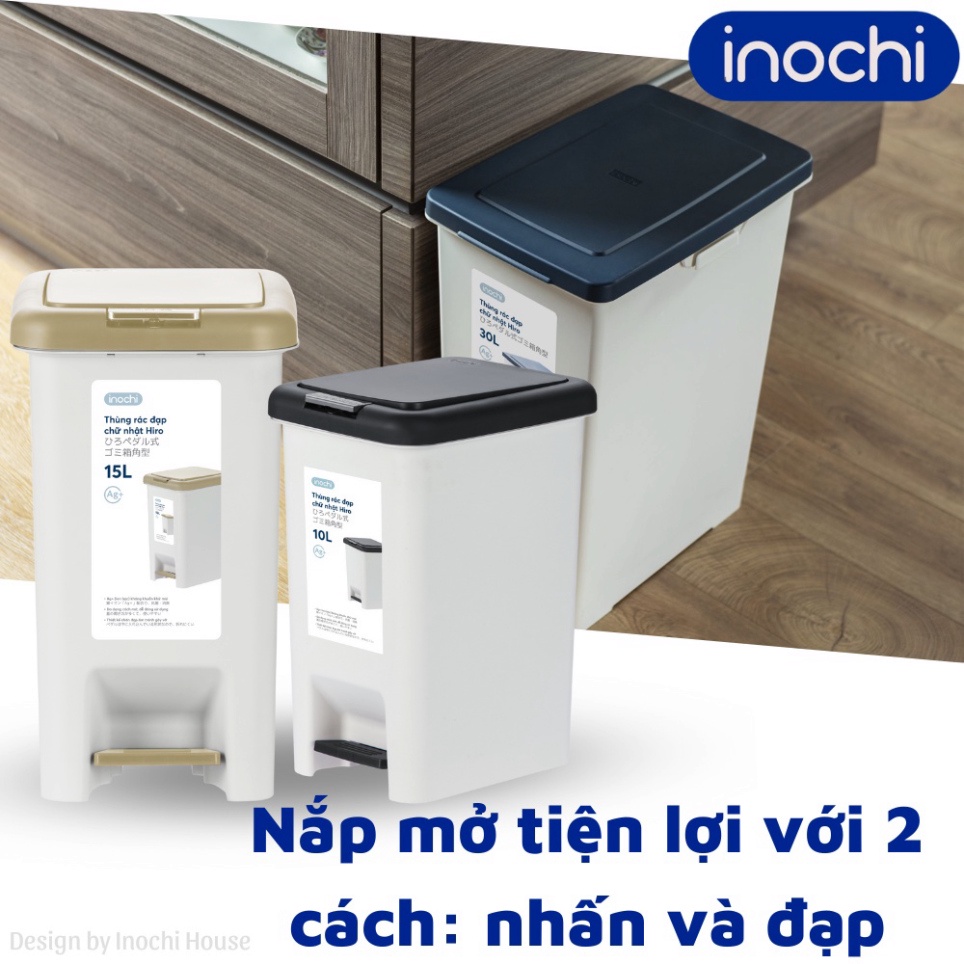 Thùng rác đạp chân chữ nhật Inochi 15L có lõi, có nắp đậy - Kháng khuẩn, an toàn