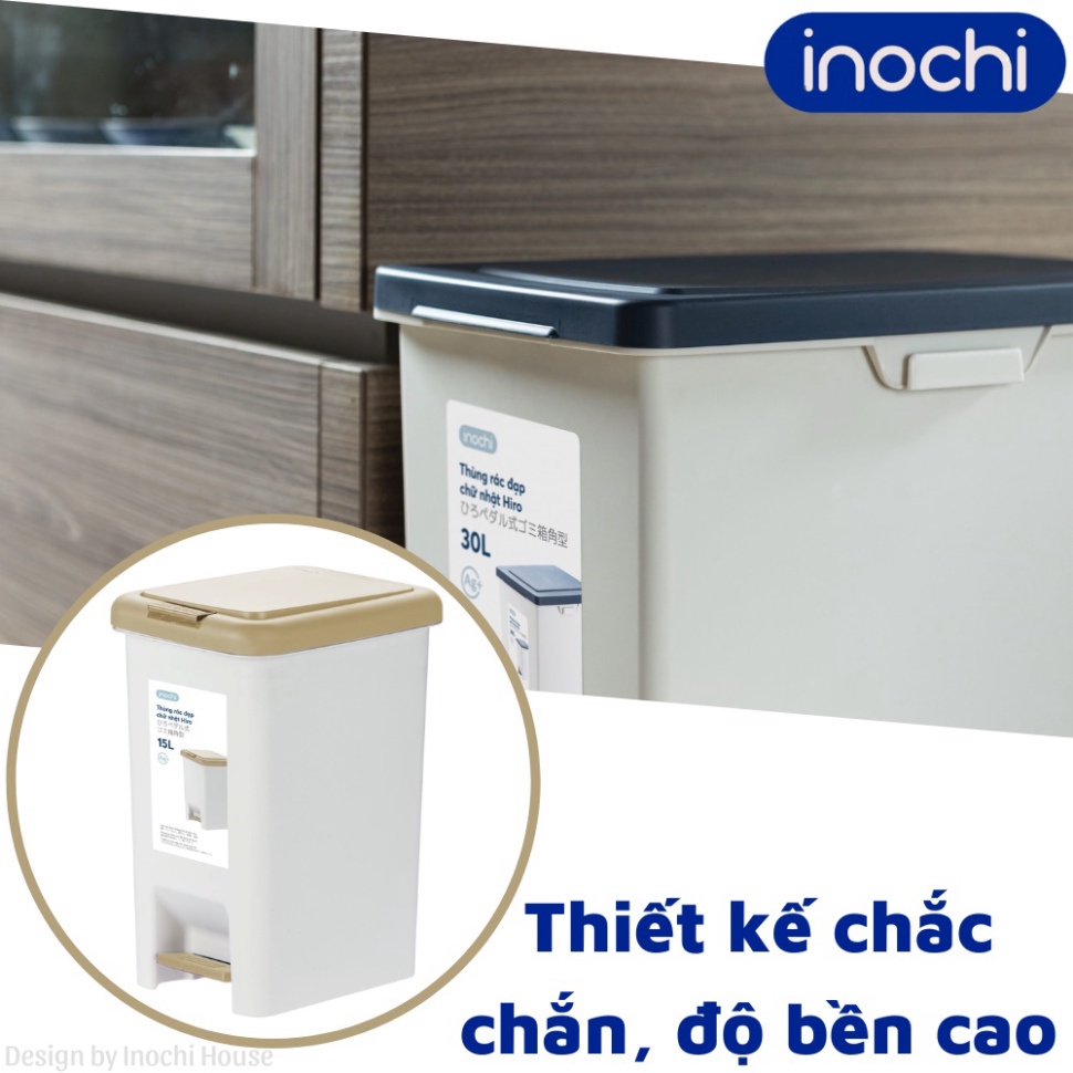 Thùng rác đạp chân chữ nhật Inochi 15L có lõi, có nắp đậy - Kháng khuẩn, an toàn