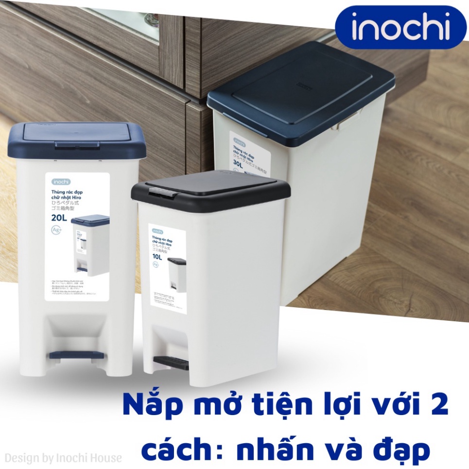 Thùng rác đạp chân 20L nắp đậy chữ nhật Inochi - làm sọt rác văn phòng, đựng rác gia đình, tiện dụng