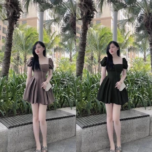Váy Nữ Tiểu Thư Tay Bồng Xếp Ly Eo 3 Màu Tôn Dáng, Đầm Cup Ngực Dáng Xoè Có Ảnh Thậti