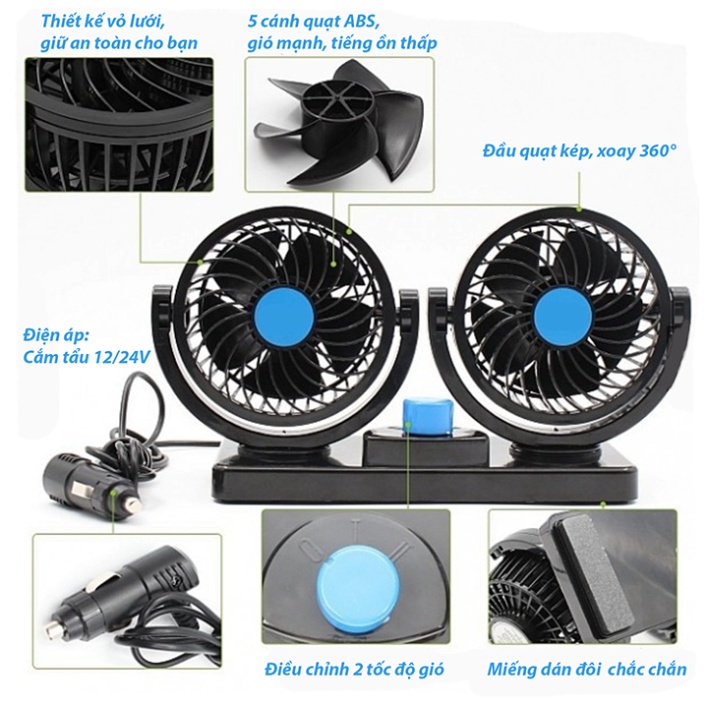 Quạt ô tô, quạt xe ô tô 10W cắm tẩu 12v xoay 360 độ cho xe tải, xe con