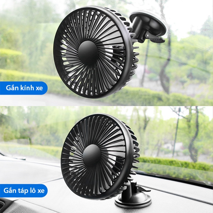 Quạt ô tô mini luồng gió mạnh xoay 360, điều khiển 3 tốc độ gió