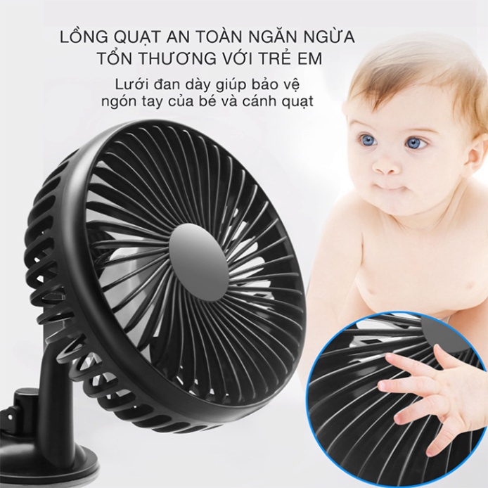 Quạt ô tô mini luồng gió mạnh xoay 360, điều khiển 3 tốc độ gió