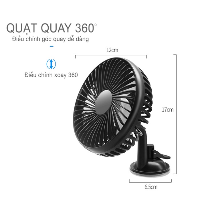 Quạt ô tô mini luồng gió mạnh xoay 360, điều khiển 3 tốc độ gió