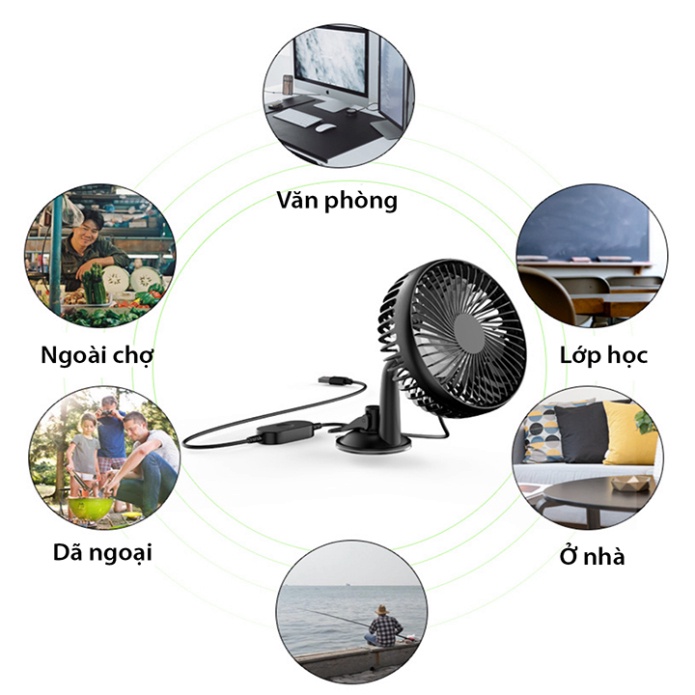 Quạt ô tô mini luồng gió mạnh xoay 360, điều khiển 3 tốc độ gió