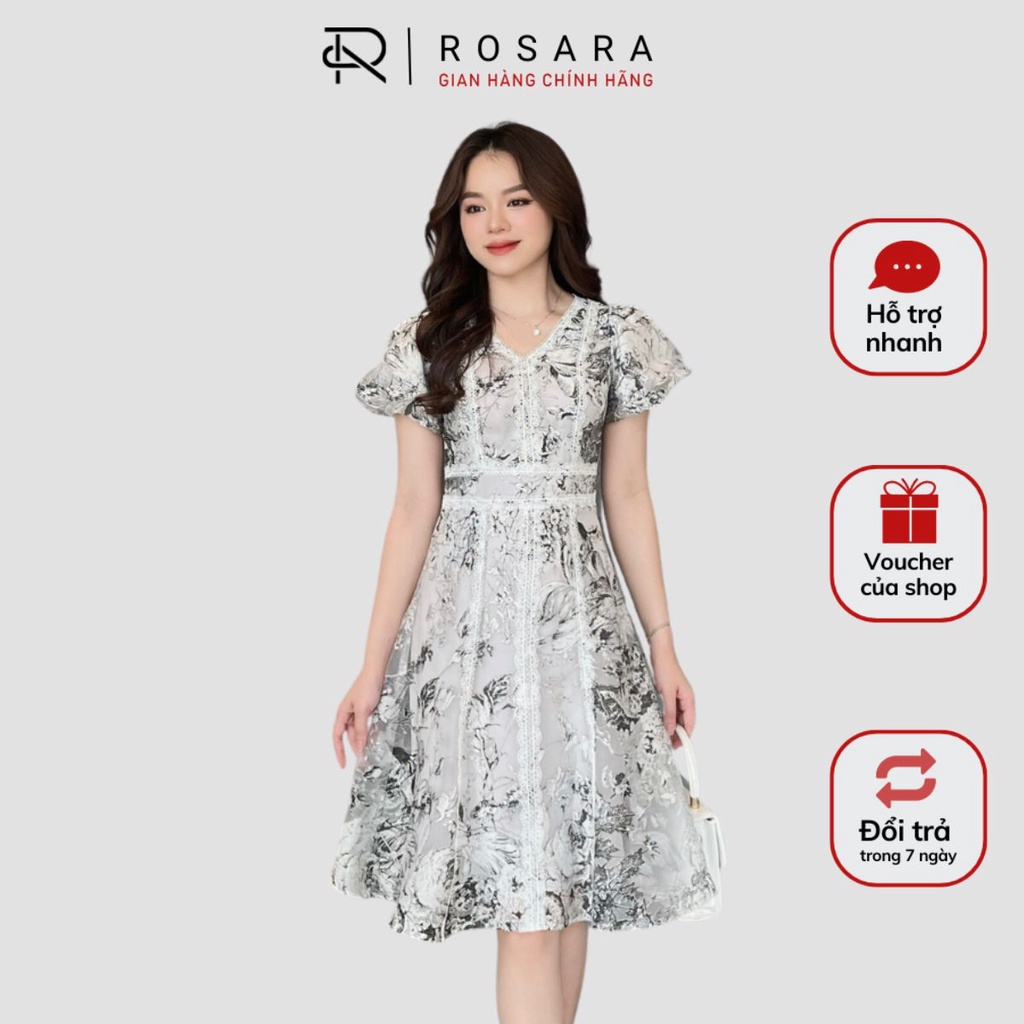 Váy Đầm Ghi Ngắn Tay Dáng Xòe Thời Trang Nữ Rosara VA58