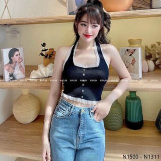 Áo len yếm nữ cổ ren khuy dừa, áo croptop phối ren bèo xinh 096