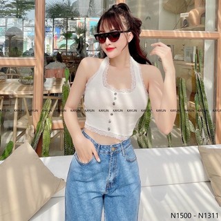 Áo len yếm nữ cổ ren khuy dừa, áo croptop phối ren bèo xinh 096