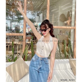 Áo len yếm nữ cổ ren khuy dừa, áo croptop phối ren bèo xinh 096
