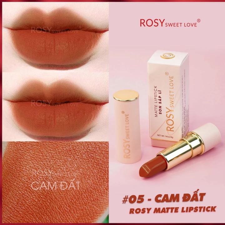 Son thỏi sáp ROSY SWEETLOVE hàng chính hãng, không chì, nhung lì, mềm môi <màu Cam Đất>