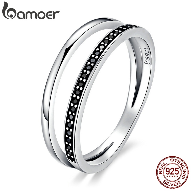 Nhẫn hai lớp BAMOER SCR082 bạc 925 thật đính đá cz đen trong suốt cao cấp có thể xếp chồng dùng làm quà tặng dành cho nữ
