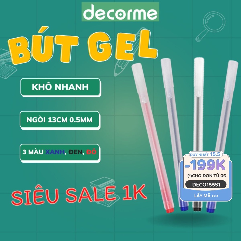 Bút gel DecorMe viết nhanh khô ngòi 0.5mm 3 màu đen xanh đỏ viết trơn mực đều nét chữ đẹp có thể thay ngòi gel kim 13cm