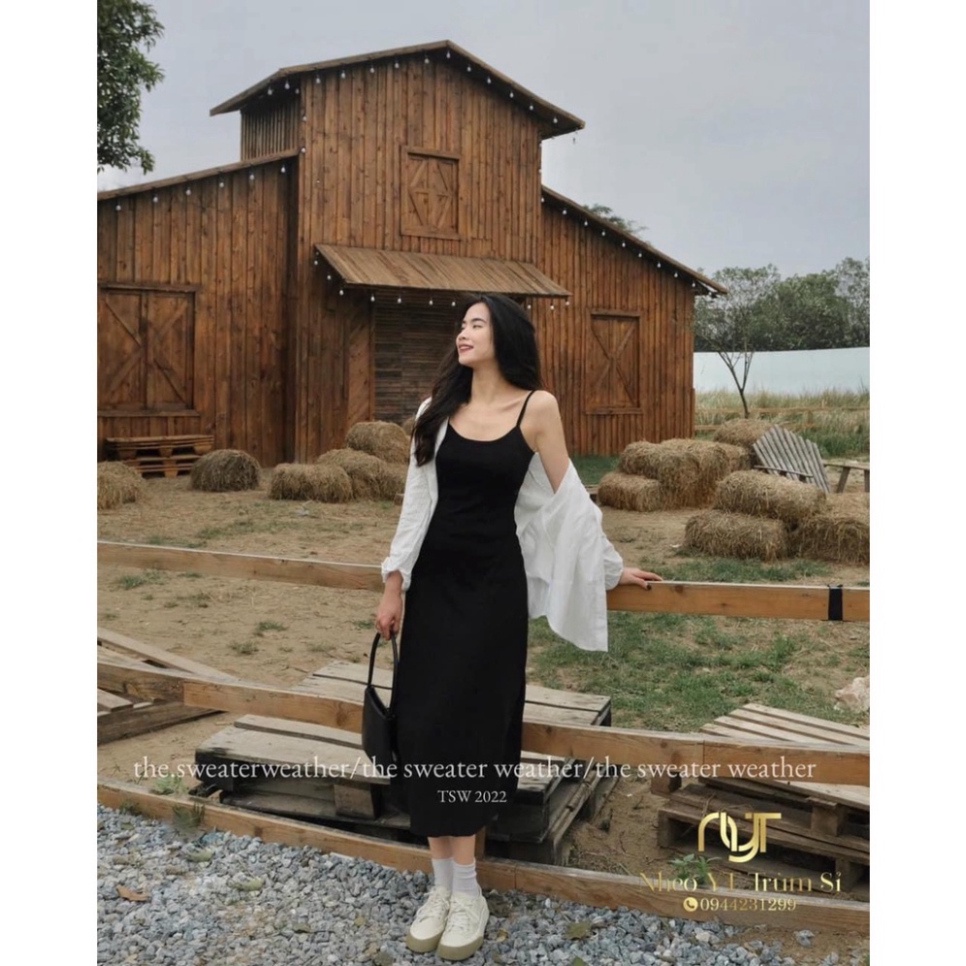 Váy 2 dây, đầm 2 dây nữ dáng xoè dài cotton màu đen đơn giản | Shopee ...