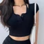Set áo croptop ôm , áo croptop tay ngắn kiểu yếm phối nút vạt bầu cá tính Bare - A099