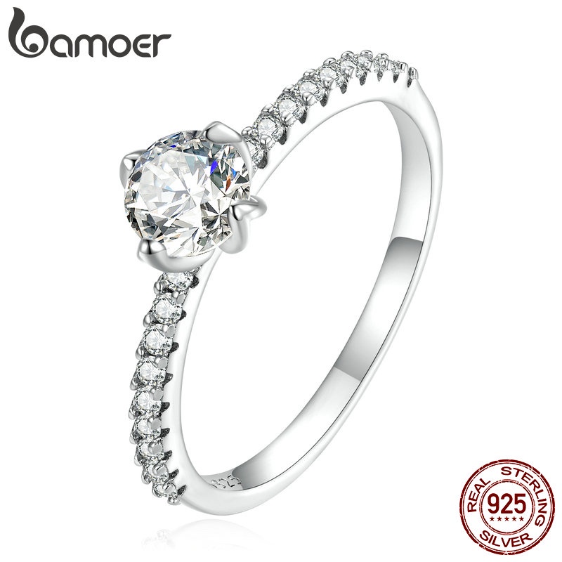Nhẫn bạc 925 BAMOER đính đá zircon đơn giản thời trang cho nữ/ đám cưới/ cặp đôi/ đeo hàng ngày