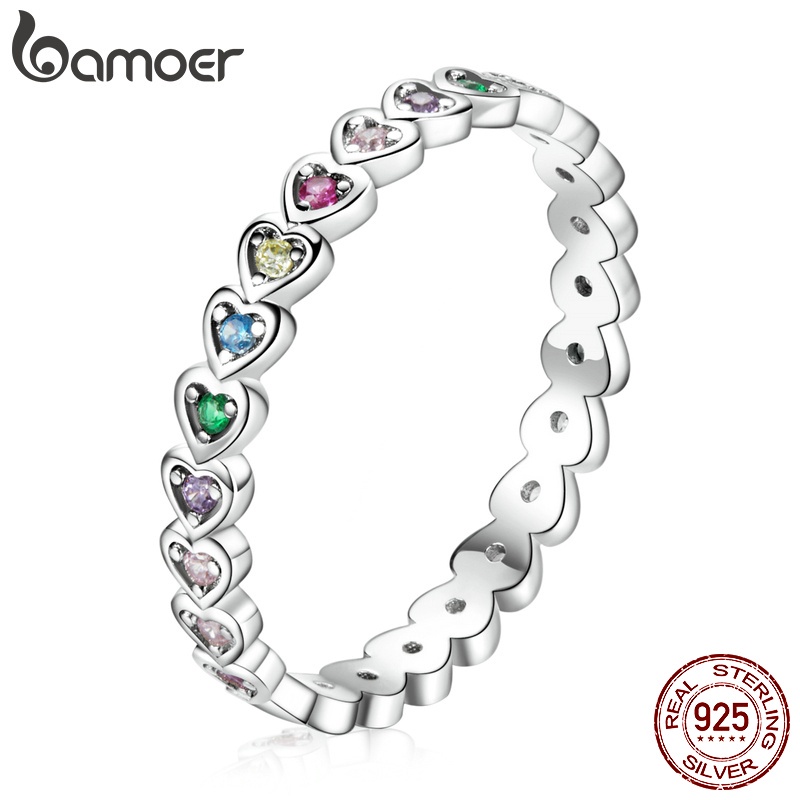 Nhẫn Bamoer SCR752-6 bạc 925 đính đá nhiều màu hình trái tim thời trang cho nữ