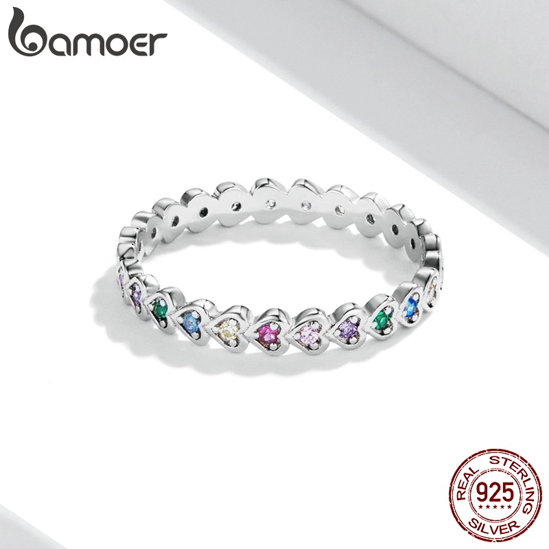 Nhẫn Bamoer SCR752-6 bạc 925 đính đá nhiều màu hình trái tim thời trang cho nữ