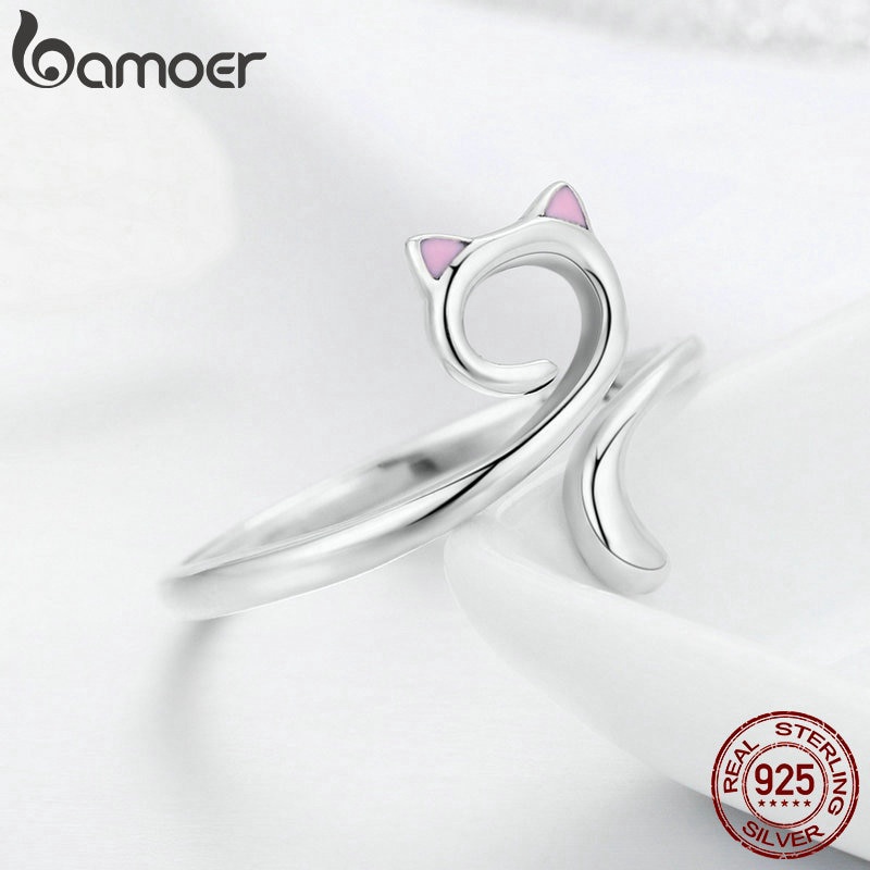 Nhẫn Bamoer Scr341 Làm Từ Bạc 925 Mặt Hình Mèo Kiểu Dáng Mở Thiết Kế Thời Trang