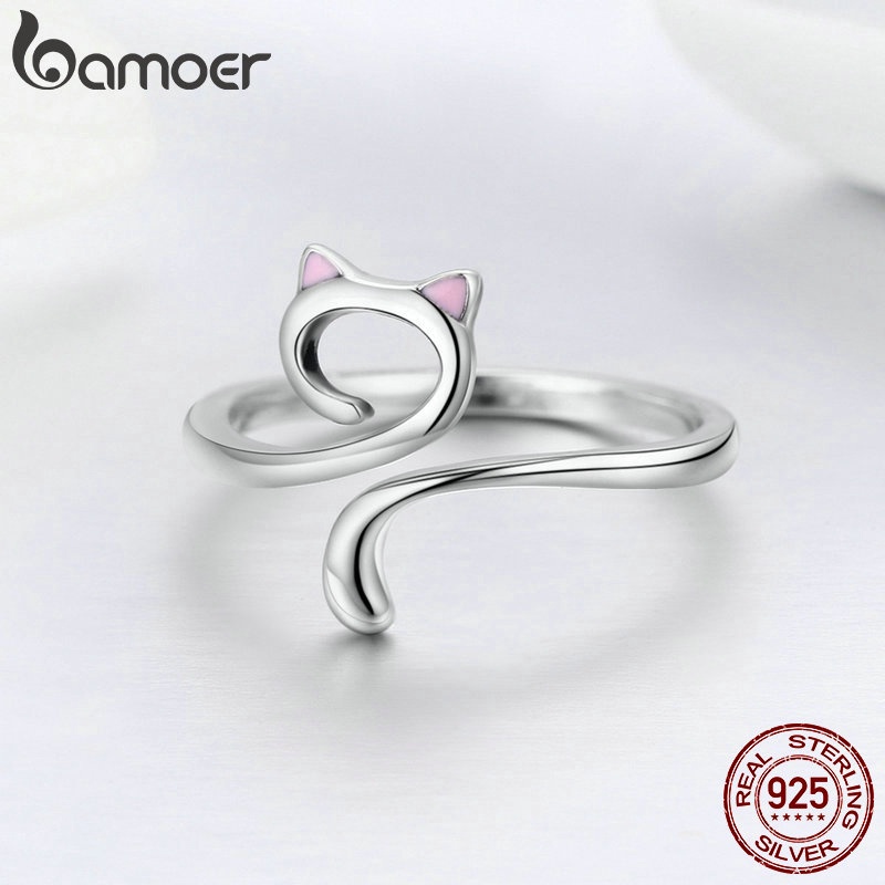 Nhẫn Bamoer Scr341 Làm Từ Bạc 925 Mặt Hình Mèo Kiểu Dáng Mở Thiết Kế Thời Trang