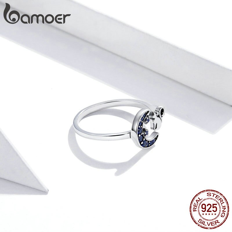 Nhẫn bamoer SCR677 bằng bạc 925 thật thiết kế hình mặt trăng và mèo xinh xắn có thể điều chỉnh cho nữ