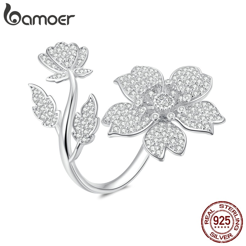 Nhẫn Vòng Hở Bamoer Bằng Bạc S925 BSR076 Hình Hoa Anh Đào