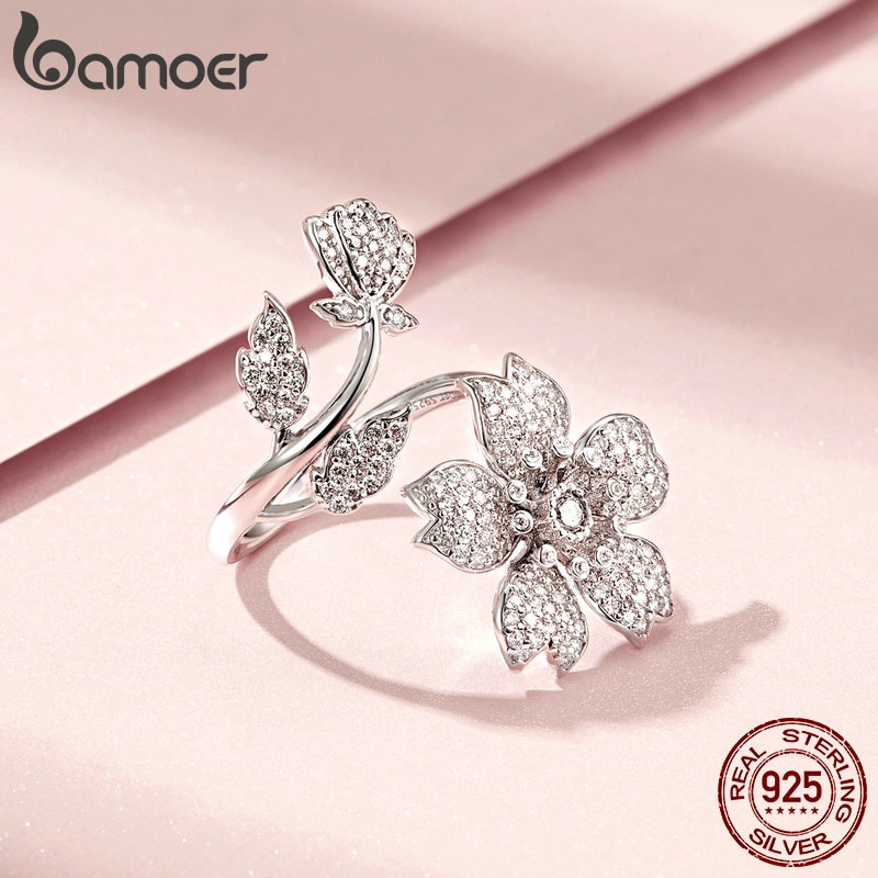 Nhẫn Vòng Hở Bamoer Bằng Bạc S925 BSR076 Hình Hoa Anh Đào