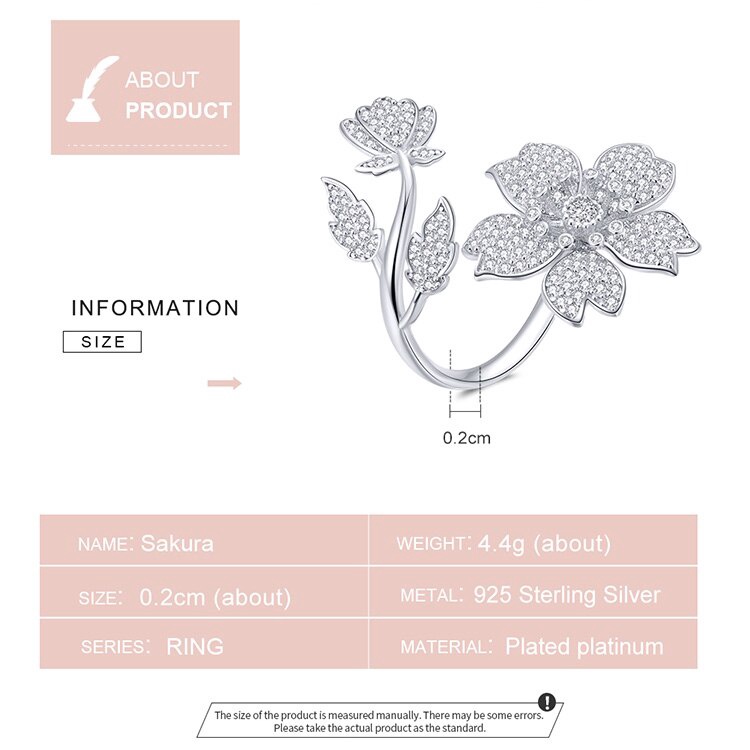 Nhẫn Vòng Hở Bamoer Bằng Bạc S925 BSR076 Hình Hoa Anh Đào