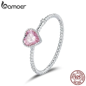Nhẫn bamoer BSR157 bằng bạc thật đính CZ hồng thiết kế hình trái tim đáng yêu