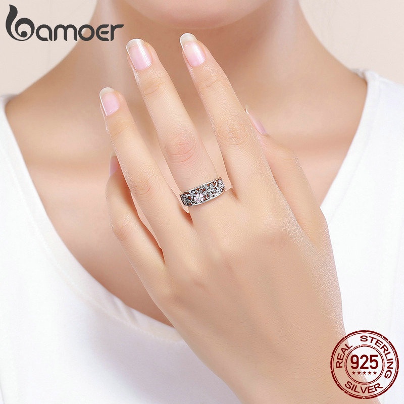 Nhẫn Bamoer SCR390 khắc chữ / hoa cúc làm bằng bạc 925 hợp thời trang cho nữ